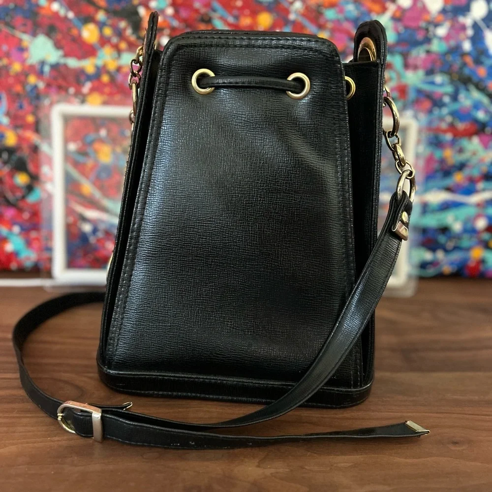 Small Black Crossbody Bag with Gold Accents and Drawstring Closure - Picture 3 of 11